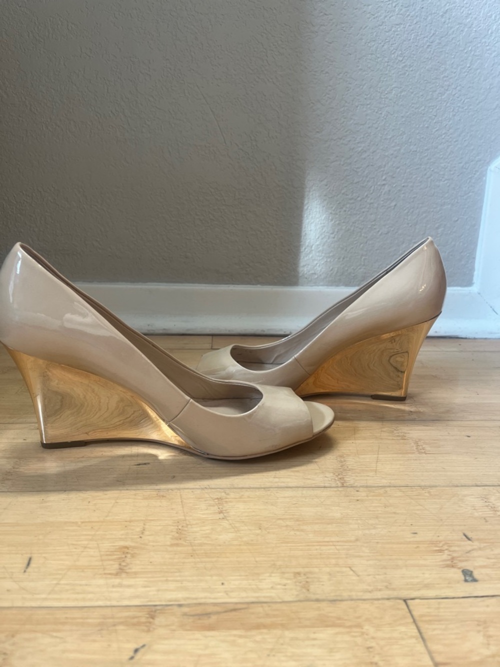 Franco Sarto Beige Patent Peep-Toe Heels